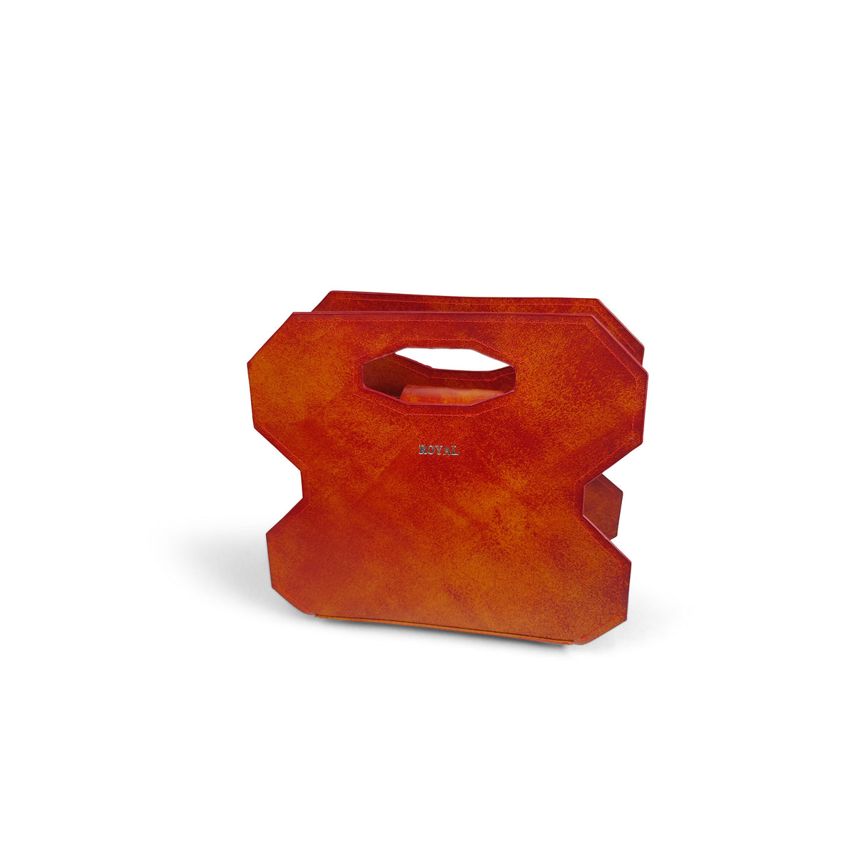 Miracle full‑grain vegetable‑tanned leather cut out handle bag in red with multi‑tone accents shown in a top view displaying its structured form