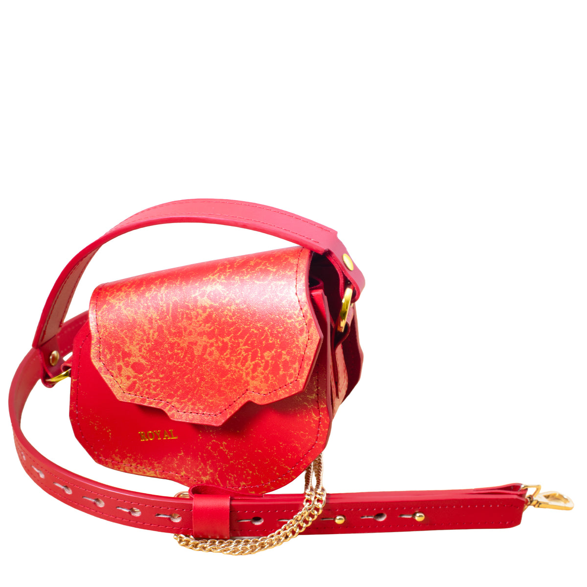 Charity Mini full‑grain vegetable‑tanned leather crossbody bag, hand‑painted red with gold accents