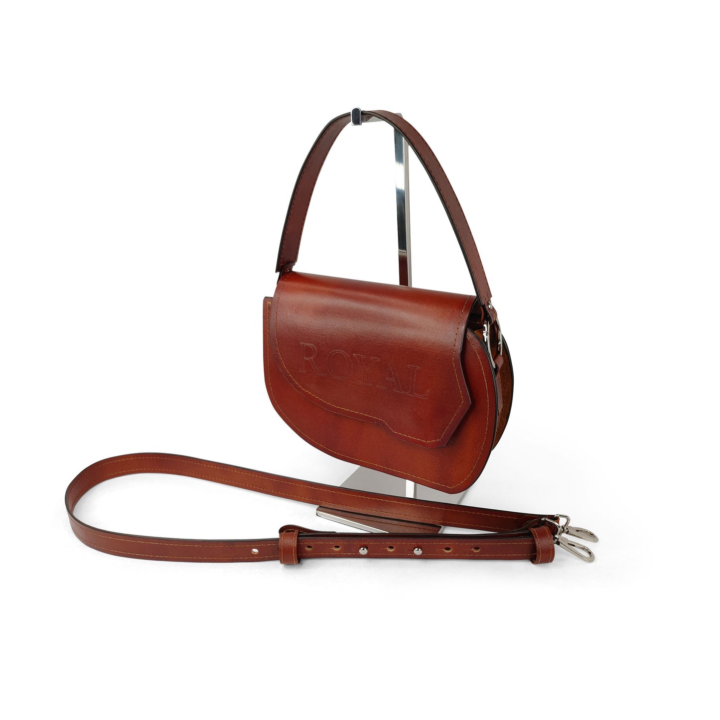 Grace full grain leather crossbody bag, angled profile