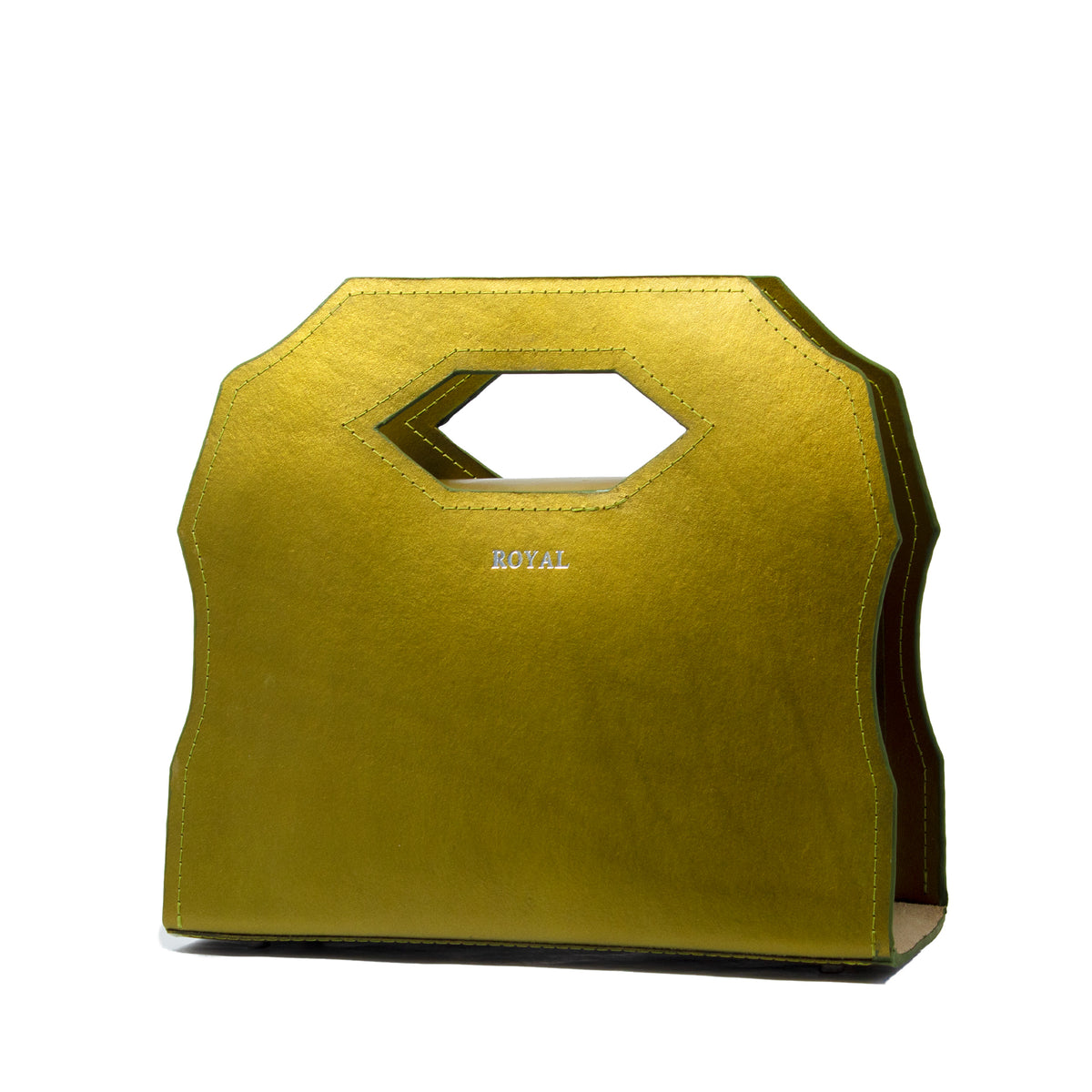 Meek full‑grain vegetable‑tanned leather shoulder bag, hand‑painted in olive green metallic