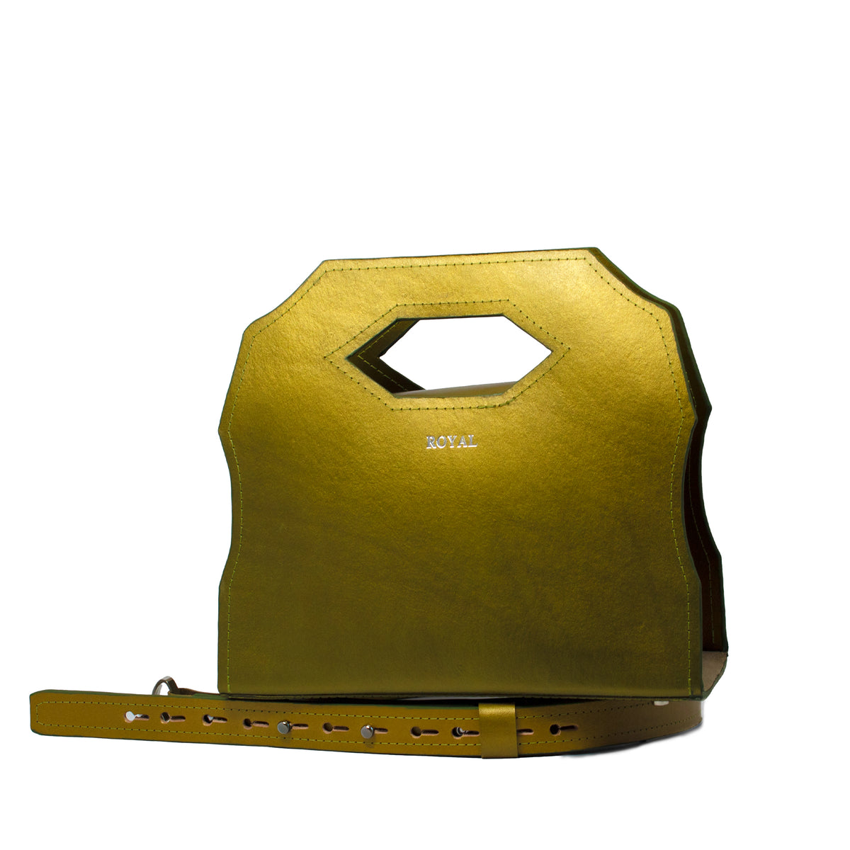 Close‑up of hand‑painted olive green metallic full‑grain vegetable‑tanned leather on the Meek shoulder bag with its removable strap
