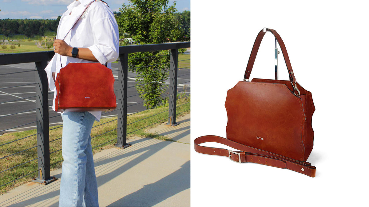 Custom full‑grain leather shoulder bag shown on model and in product display, handcrafted in Georgia by Danielle Royal
