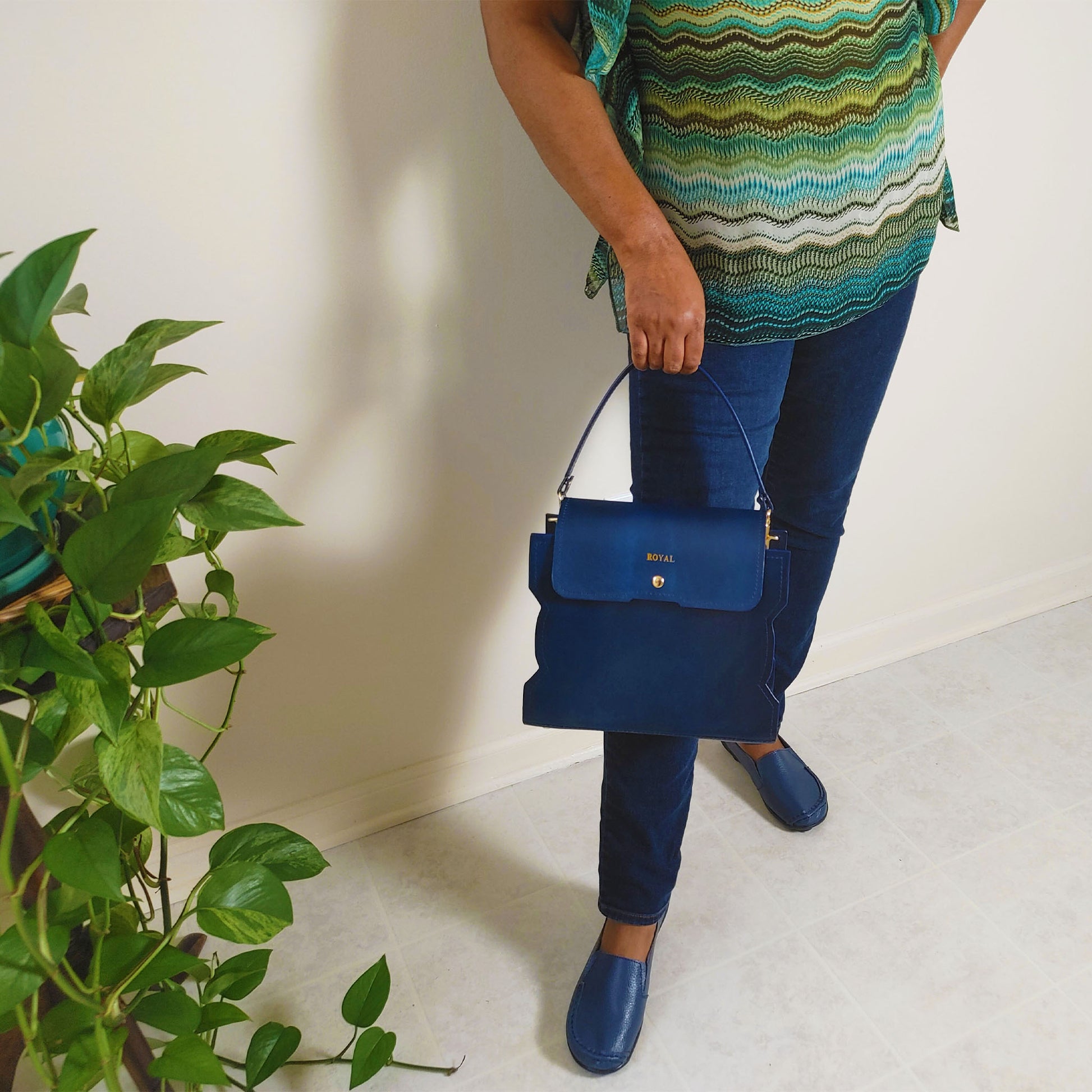 Bless hand painted leather satchel, artisan showcase view