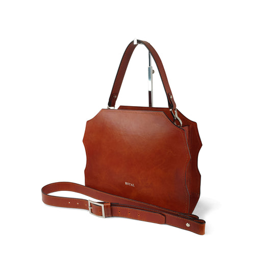 Forgiveness full-grain leather satchel, angled front view