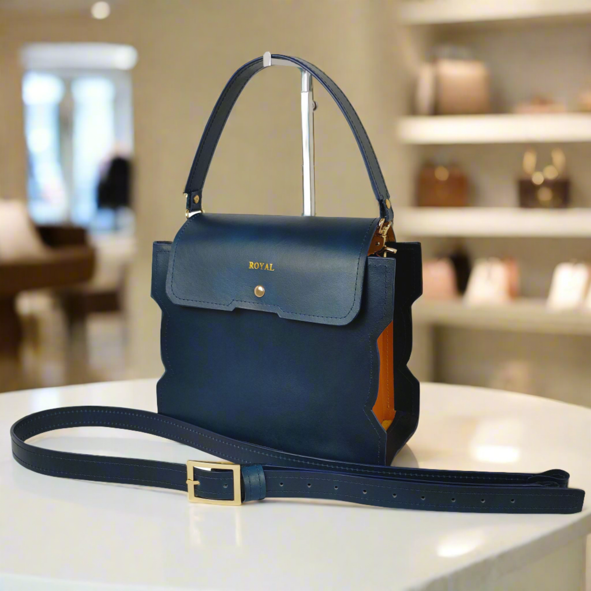 Danielle Royal bespoke leather handbag, handcrafted and hand‑painted for unique customization